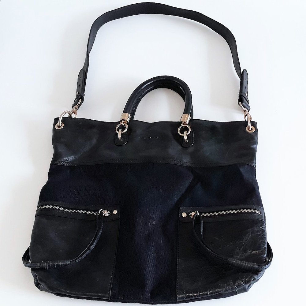 *Tahari black leather and linen bag